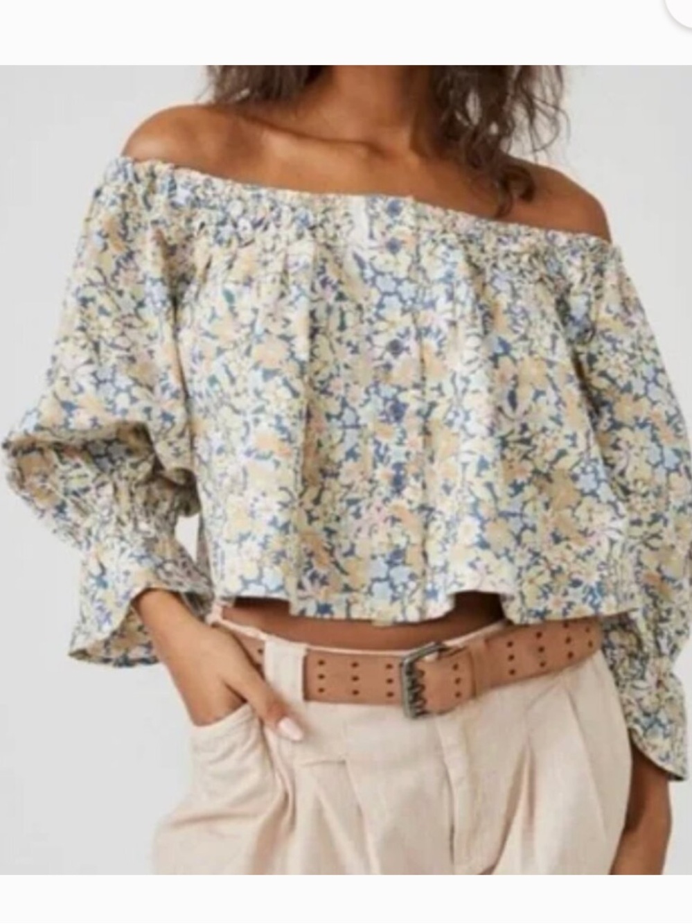 Free People Off-Shoulder Smocked Floral Top - Blue & Cream